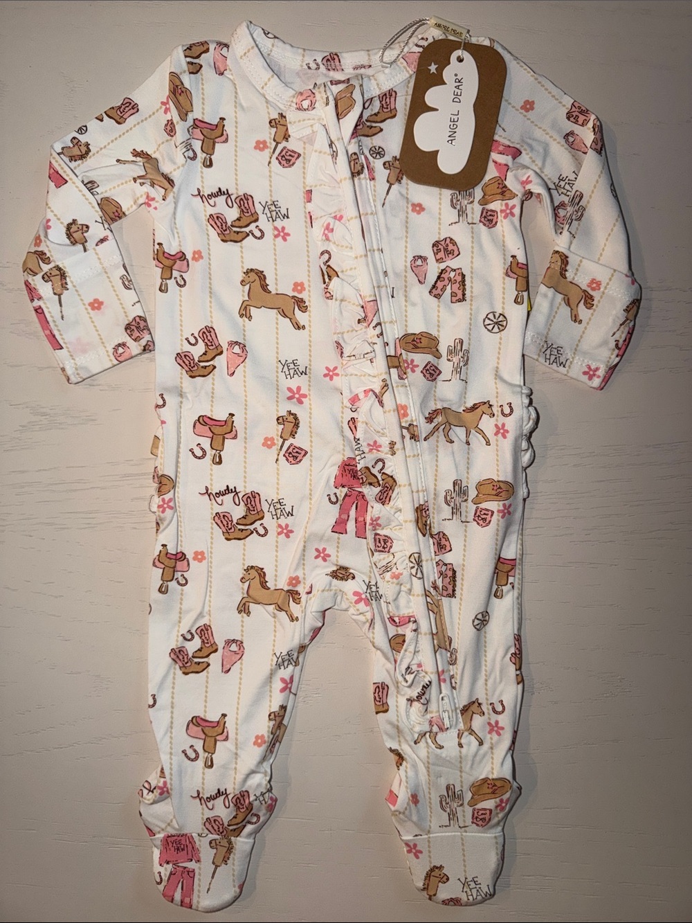 Angel Dear Ruffle Front Cowgirl Nursery Pink Footie 0-3 3-6 months